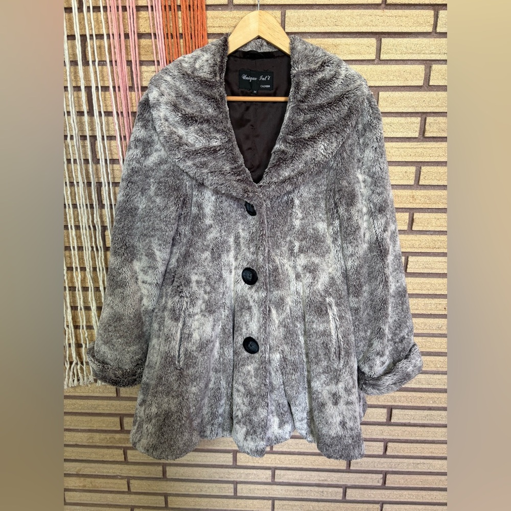 Dark Grey Fuzzy Swing Style Winter Coat - Size Large - Bust 39 - Winter Jacket